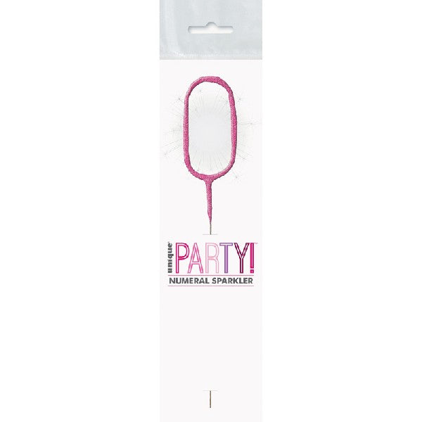 1 Packet of 7" Unique Party Number 0 Cake Sparkler (1 per pack) - Pink