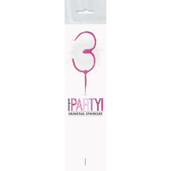 1 Packet of 7" Unique Party Number 3 Cake Sparkler (1 per pack) - Pink