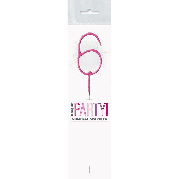 1 Packet of 7" Unique Party Number 6 Cake Sparkler (1 per pack) - Pink