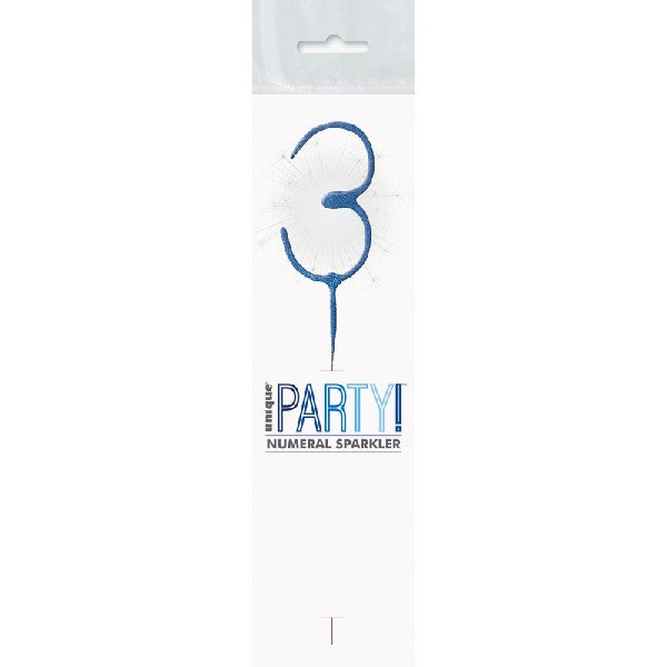 1 Packet of 7" Unique Party Number 3 Cake Sparkler (1 per pack) - Blue