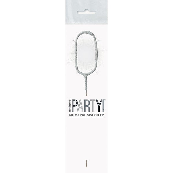 1 Packet of 7" Unique Party Number 0 Cake Sparkler (1 per pack) - Silver