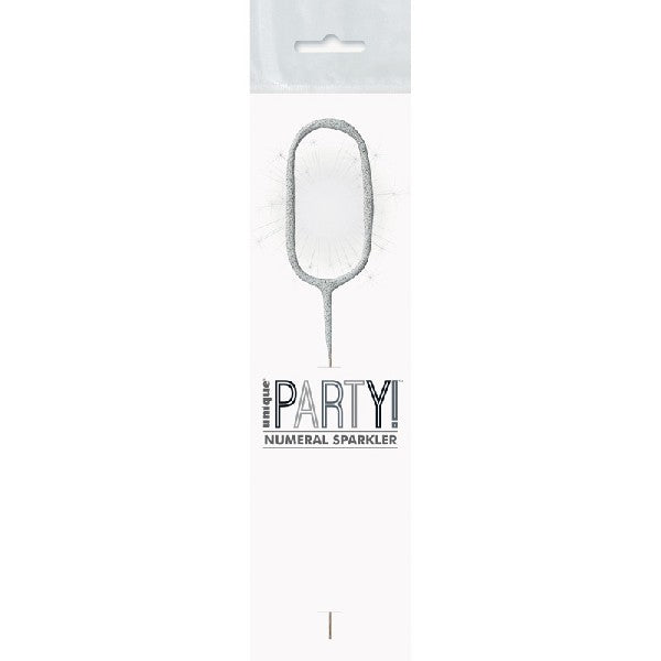1 Packet of 7" Unique Party Number 0 Cake Sparkler (1 per pack) - Silver