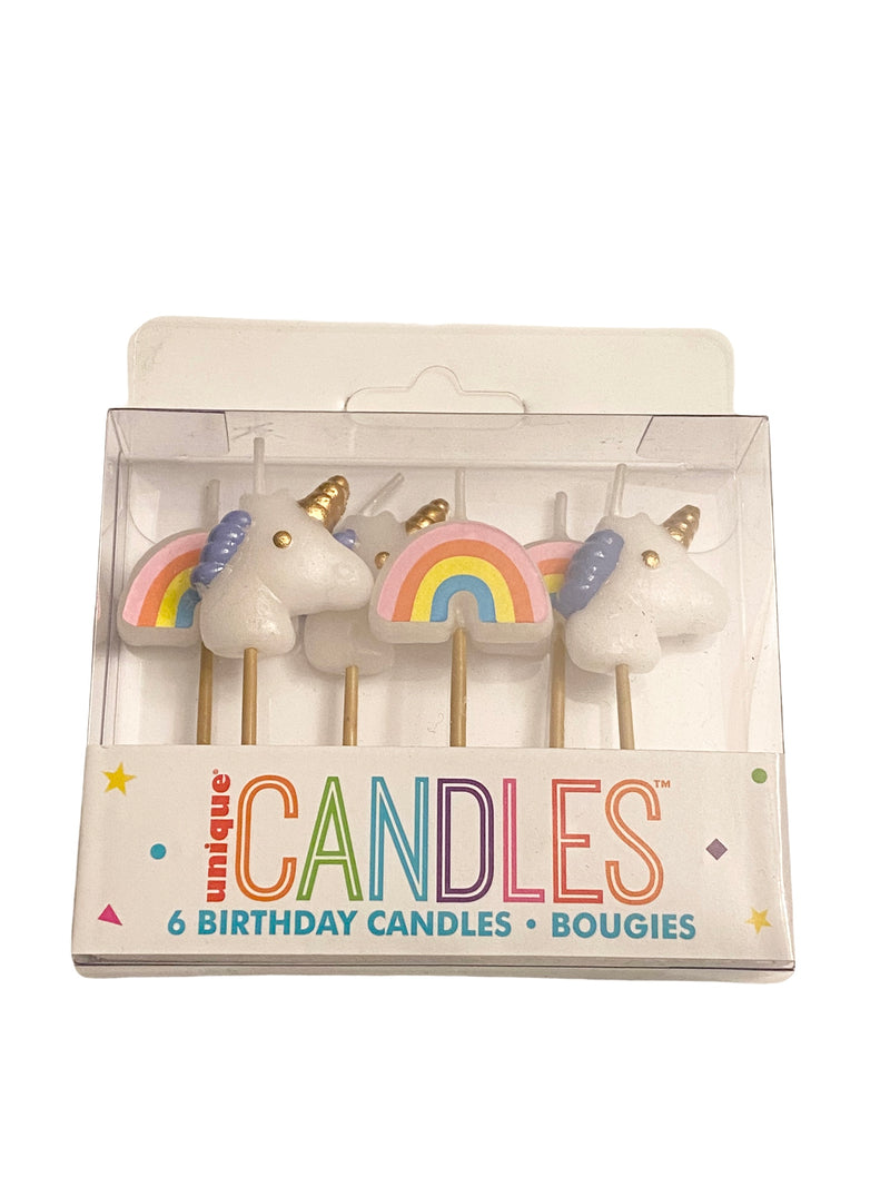 Unicorn and Rainbow Birthday Candles 6 pack