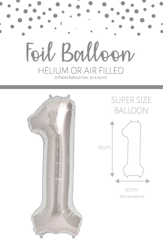 1 x 65cm/25.5" Foil Number 1 Helium Balloon Silver