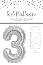 1 x 65cm/25.5" Foil Number 3 Helium Balloon Silver