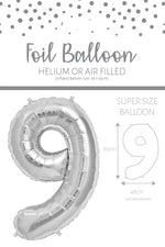 1 x 65cm/25.5" Foil Number 9 Helium Balloon Silver