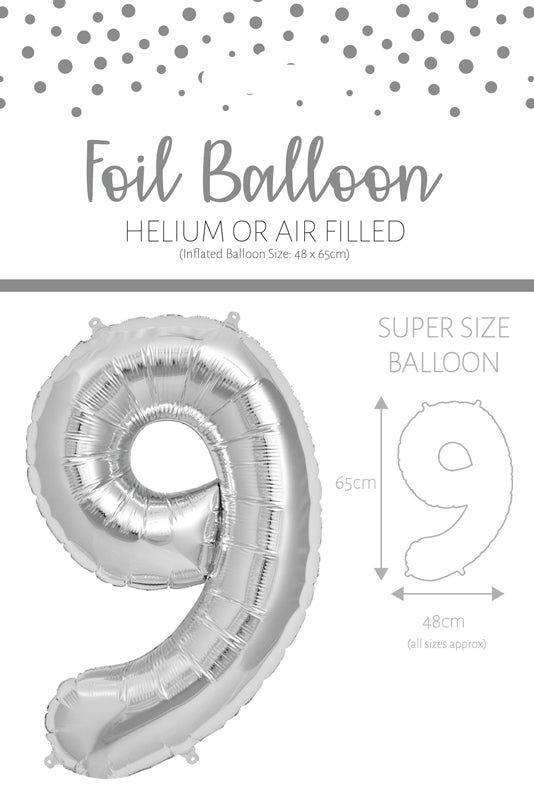 1 x 65cm/25.5" Foil Number 9 Helium Balloon Silver