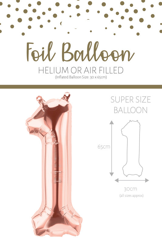 1 x 65cm/25.5" Foil Number 1 Helium Balloon Rose Gold