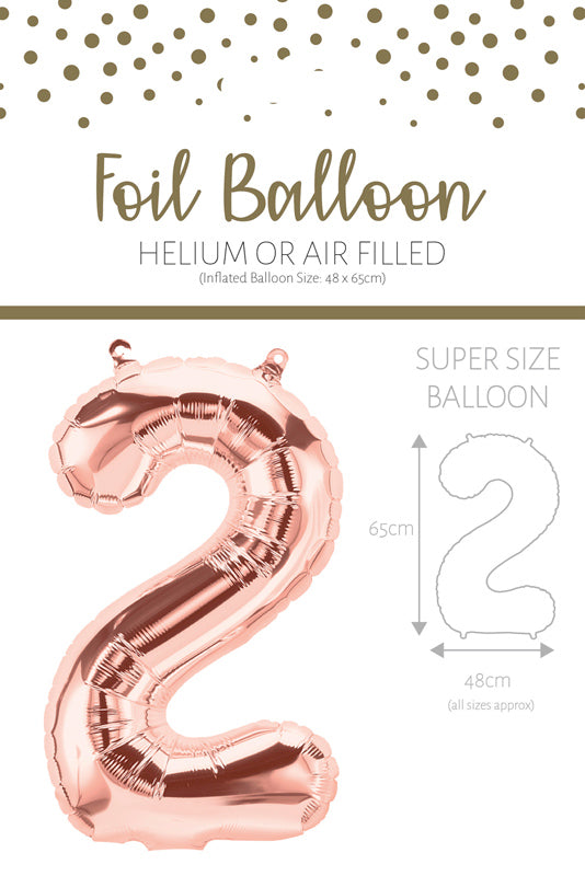 1 x 65cm/25.5" Foil Number 2 Helium Balloon Rose Gold