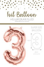 1 x 65cm/25.5" Foil Number 3 Helium Balloon Rose Gold