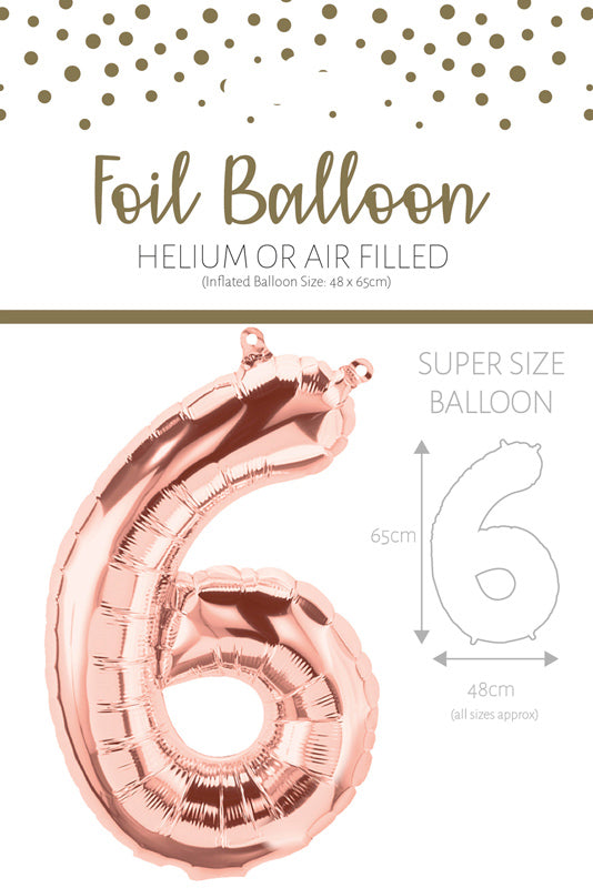1 x 65cm/25.5" Foil Number 6 Helium Balloon Rose Gold