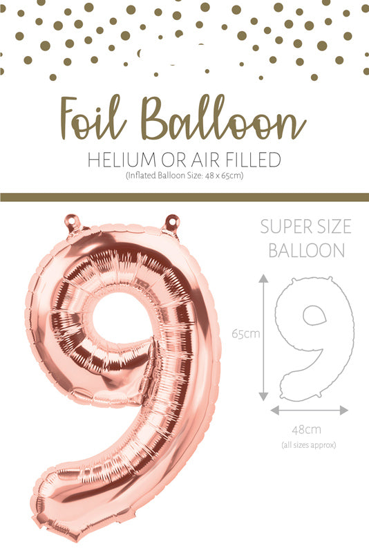 1 x 65cm/25.5" Foil Number 9 Helium Balloon Rose Gold
