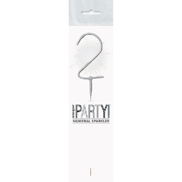 1 Packet of 7" Unique Party Number 2 Cake Sparkler (1 per pack) - Silver