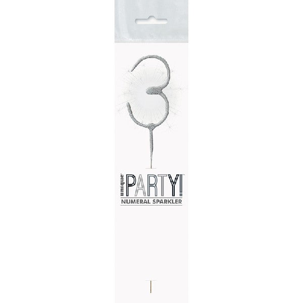 1 Packet of 7" Unique Party Number 3 Cake Sparkler (1 per pack) - Silver