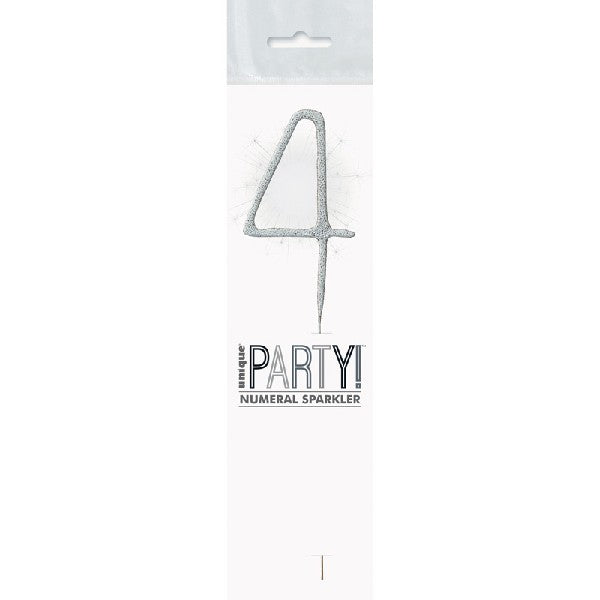 1 Packet of 7" Unique Party Number 4 Cake Sparkler (1 per pack) - Silver