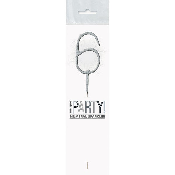 1 Packet of 7" Unique Party Number 6 Cake Sparkler (1 per pack) - Silver