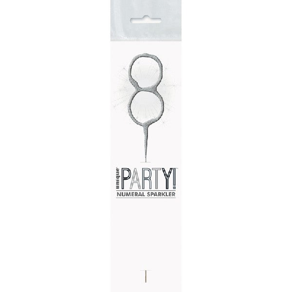 1 Packet of 7" Unique Party Number 8 Cake Sparkler (1 per pack) - Silver