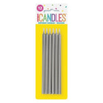 1 Packet of 12cm Unique Party Tall Candles (12 per pack) - Silver