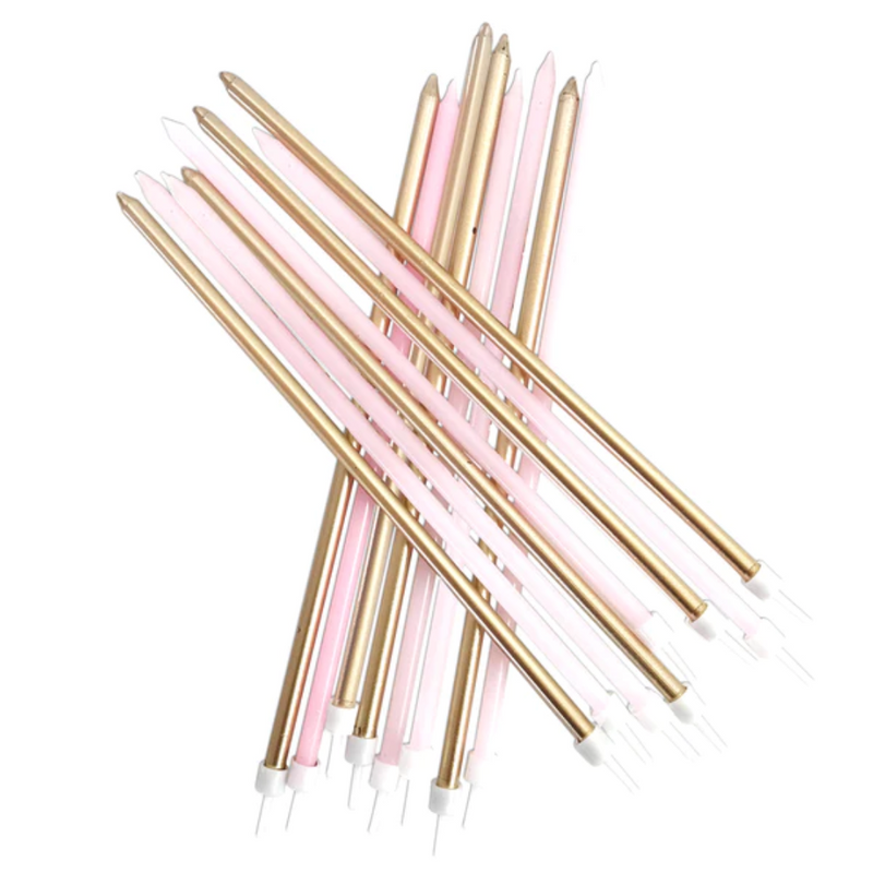 1 Packet of 18cm Creative Party Metallic Tall Candles (16 per pack) - Gold/Pastel Pink