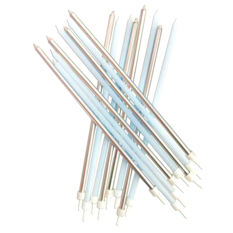 1 Packet of 18cm Creative Party Metallic Tall Candles (16 per pack) - Gold/Pastel Blue