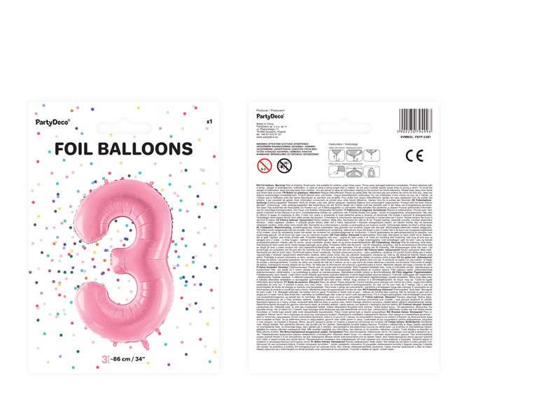 1 x 34" Giant Foil Number 3 Helium Balloon Baby Pink