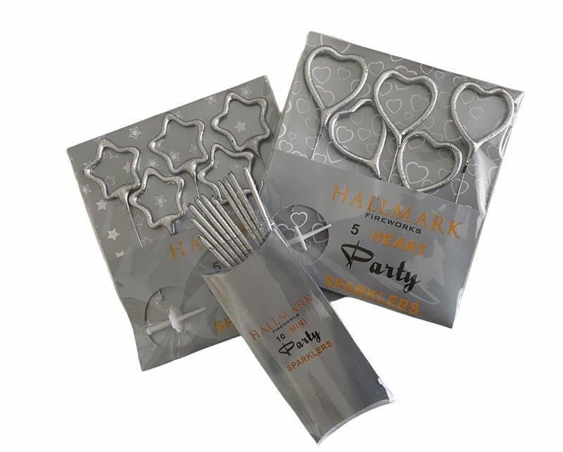 Cake Sparkler Combo Deal: 3 Packets of 4" Hallmark Sparklers - Star/Heart (5 per pack), Straight (10 per pack) - Silver